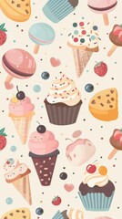 A vibrant collection of ice cream cones, cupcakes, and lollipops decorates a playful background