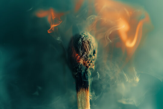 Macro shot of an unlit matchstick with smoke on dark background. Generative AI.