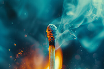 Macro shot of an unlit matchstick with smoke on dark background. Generative AI.