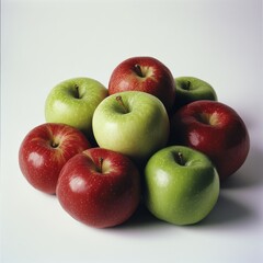 A medium shot of ripe red and green apples placed together, on a white background.
