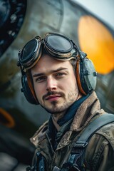 the pilot on the background of the plane. Selective focus