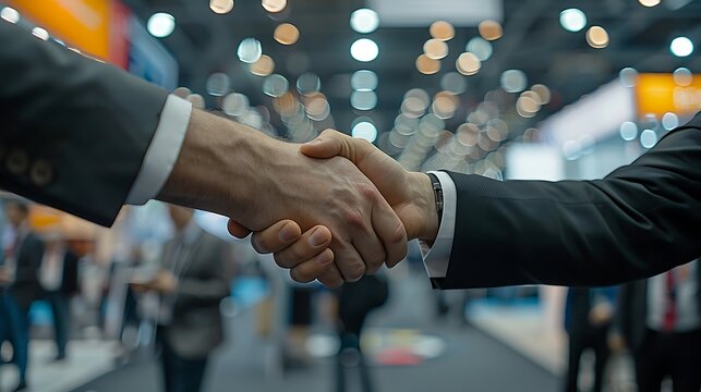 A detailed image of a handshake in a large trade show hall with various company booths and promotional materials. The handshake is viewed from a side angle,