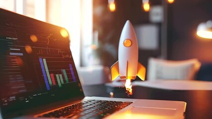 Rocket soaring from a laptop on an office table
