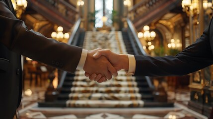 A detailed image of a handshake in an elegant hotel lobby with a grand staircase and ornate decorations. The handshake is viewed from a side angle, showing both the guest and the hotel staff in full.
