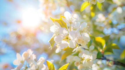 Obraz premium On a sunny day, the blue sky and blossoming glade chamomile trees create a beautiful blurred background of nature in spring