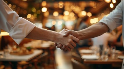 A detailed photo of a handshake between a chef and a guest in a lively restaurant, with people and culinary delights in the background. The handshake is warm,