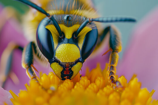 Macro shot of a bee on a flower. Generative AI.
