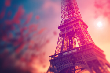The famous Eiffel Tower in Paris seen from a low angle in beautiful bokeh colors. Generative AI.