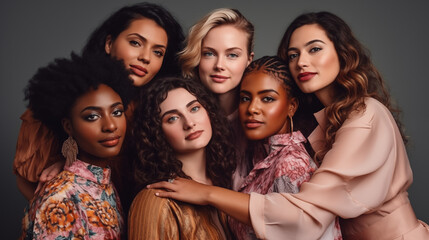 Obraz premium Diverse group of six young multicultural women posing closely together against a grey studio background.