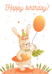 Childrens cute greeting card. A cheerful bunny in a party hat holds a balloon while celebrating a birthday. Vector