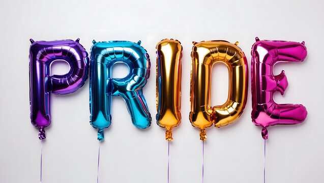 Vibrant Foil Balloons Forming 'PRIDE' Text on a light gray background: A Vivid Symbol for LGBTQ+ Celebrations.