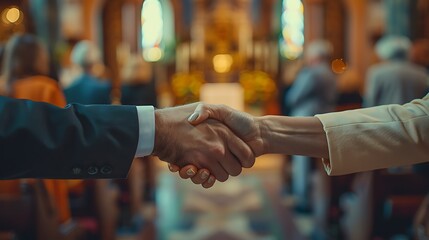 A professional photo of a handshake between two congregants during the peace offering in a contemporary church, captured from a slightly elevated angle.