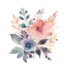 Watercolor floral bouquet with pink and blue flowers and leaves.