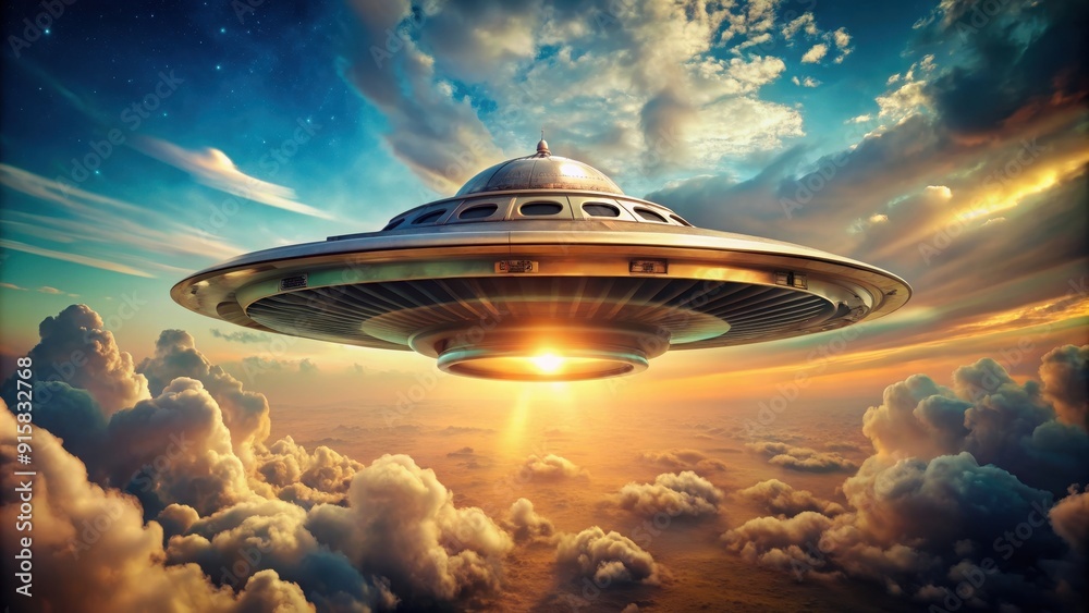 Wall mural vintage alien spaceship hovering in the sky, featuring a futuristic and retro science fiction design