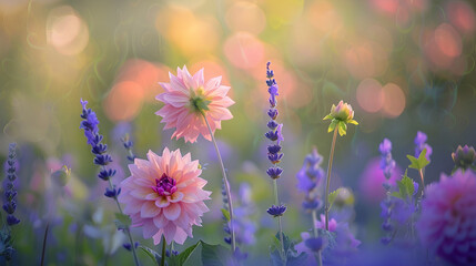 Lovely blurry photo of dahlia and lavender flowers