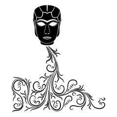 Severed female head of ancient woman or goddess with blood streams from her neck. The Mask from Warka. Lady of Uruk. Black and white silhouette.