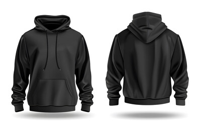 Template blank flat Black hoodie. Hoodie sweatshirt with long sleeve flatlay mockup for design and print. Hoody front and back top view isolated on white background isolated on white background design