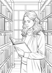 Woman Choosing a Book in the Library Coloring Page for Relaxation and Focus
