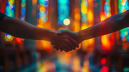 A vibrant photo of a handshake between two parishioners during the peace offering in a church, with architectural elements like columns and stained glass windows. The handshake is warm,