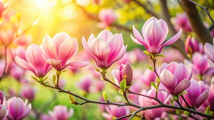 Pink magnolia flowers blooming in a spring garden, magnolia, pink, flowers, blossoms, spring, garden, nature, delicate