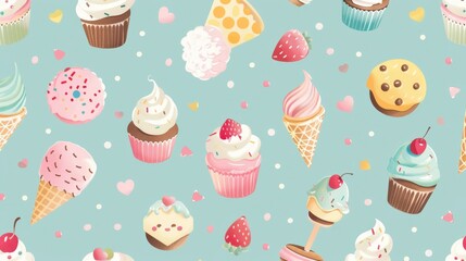 A playful arrangement of various desserts including ice cream cones, cupcakes, and candies in vibrant colors