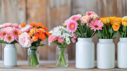 Fototapeta premium Colorful Flower Arrangement in Glass Jars on Wooden Table