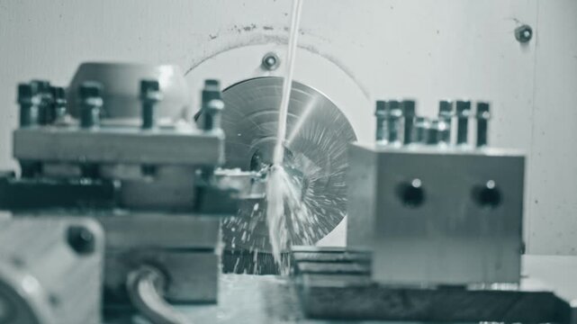 Cnc lathe machine cutting metal with continuous coolant spray for high precision engineering and metalworking in an industrial setting
