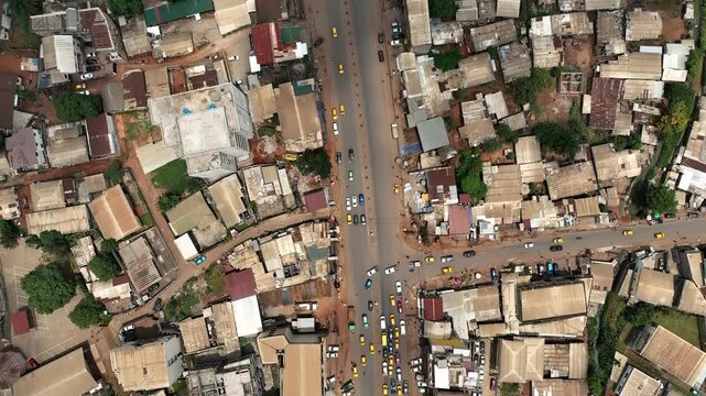 Aerial video of an urban scene of the streets of Yaounde in Estos Cameroon