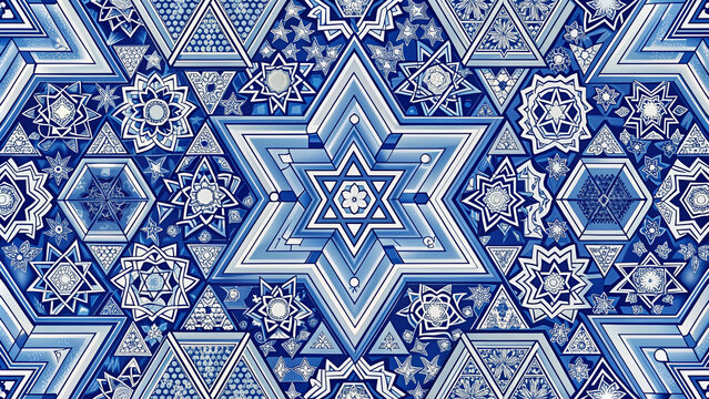 Intricate Star of David pattern in shades of blue and white on a seamless background, symbolizing Jewish heritage and faith in a modern design.