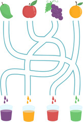 Maze puzzle game for kids, pair fruit with  the juice color activity, matching fruits with colors, fruits maze worksheet 