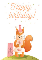 Childrens cute greeting card. A jolly squirrel in a festive hat celebrates a birthday with a gift and flowers. Vector.