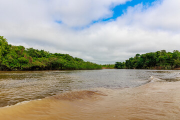 Navigating the Amazon River. In the Amazon jungle, near Iquitos, Peru. South America.