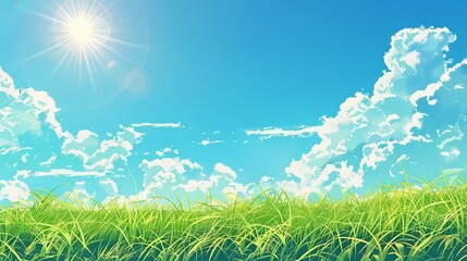Obraz premium Sunny day weather on beautiful blue sky and green grass. Japanese illustration style.