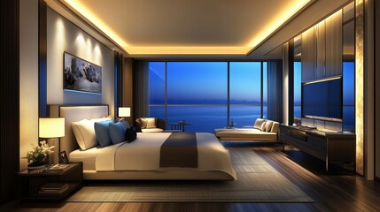 Modern luxury bedroom with ocean view at twilight in a high-rise hotel