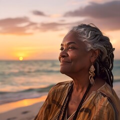 Fototapeta premium Joyful senior woman with braids enjoying sunset at the beach