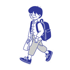 Cute cartoon schoolboy walking with a backpack, blue and white illustration.
