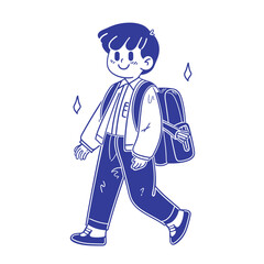 Cute cartoon schoolboy walking with a backpack, blue and white illustration.