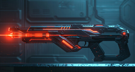 Obraz premium Futuristic SciFi Laser Gun in a HighTech Environment, showcasing its sleek design and details