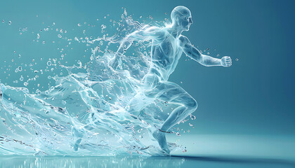 Fototapeta premium The human body shape of a running man filled with blue water on a blue gradient background - sport or fitness hydration, healthy lifestyle or wellness concept design