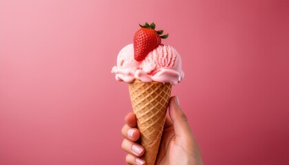 Strawberry ice cream cone on a pink background