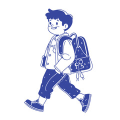 Cute cartoon schoolboy walking with a backpack, blue and white illustration.