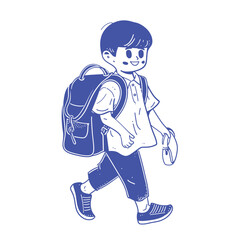 Cute cartoon schoolboy walking with a backpack, blue and white illustration.