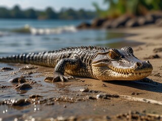 Fototapeta premium Crocodile Resting on Sandy Shore by a Serene Riverbank