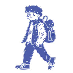 Cute cartoon schoolboy walking with a backpack, blue and white illustration.