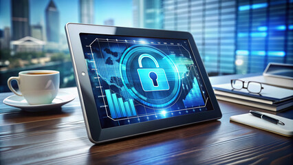 Modern digital tablet displays scan results of laptop computer, highlighting potential threats and vulnerabilities, with futuristic cyber security interface and graphs in the background.