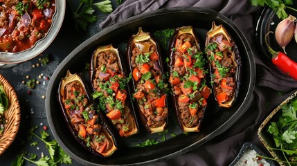 Karniyarik - turkish traditional aubergine eggplant meal. Stuffed eggplants with ground beef and vegetables baked with tomato sauce. Turkish cuisine. Top view