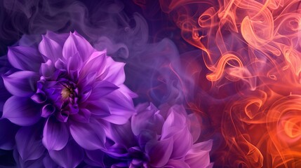 Obraz premium different shades of purple vibrant dahlias background, bold colors orange smoke