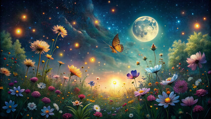 Fototapeta premium Whimsical summer night scene with fireflies dancing around blooming flowers, softly glowing with a warm overlay of twinkling stars and a subtle moonlit sky.