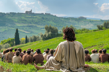 Jesus teaching his disciples on a hillside with a scenic background