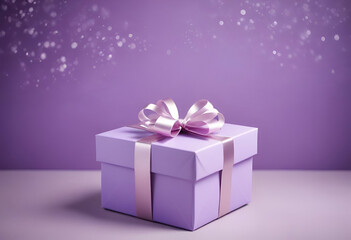 A purple gift box with a purple bow, surrounded by christmas ornaments and light